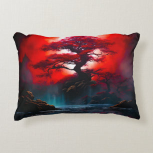 Mystical Red Tree Under Full Moon Accent Pillow