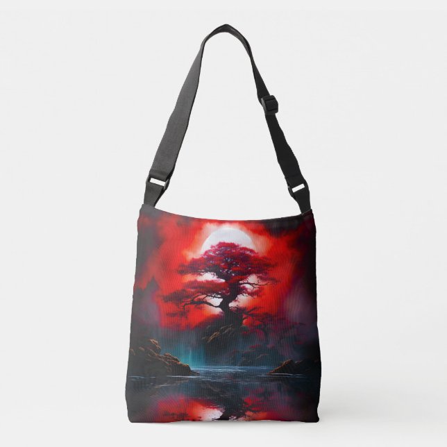 Mystical Red Tree Under Full Moon Crossbody Bag (Front)