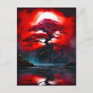 Mystical Red Tree Under Full Moon Holiday Postcard