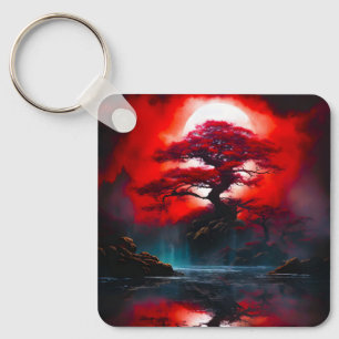 Mystical Red Tree Under Full Moon Keychain