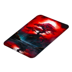 Mystical Red Tree Under Full Moon Magnet