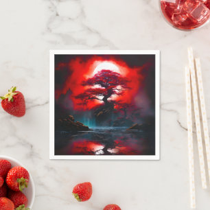 Mystical Red Tree Under Full Moon Napkin