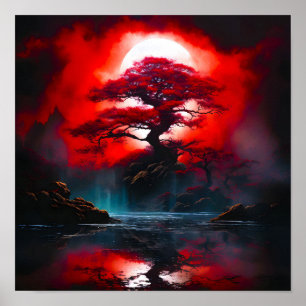Mystical Red Tree Under Full Moon Poster