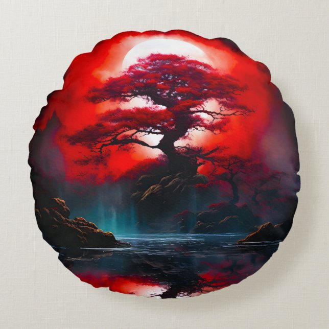 Mystical Red Tree Under Full Moon Round Pillow (Front)