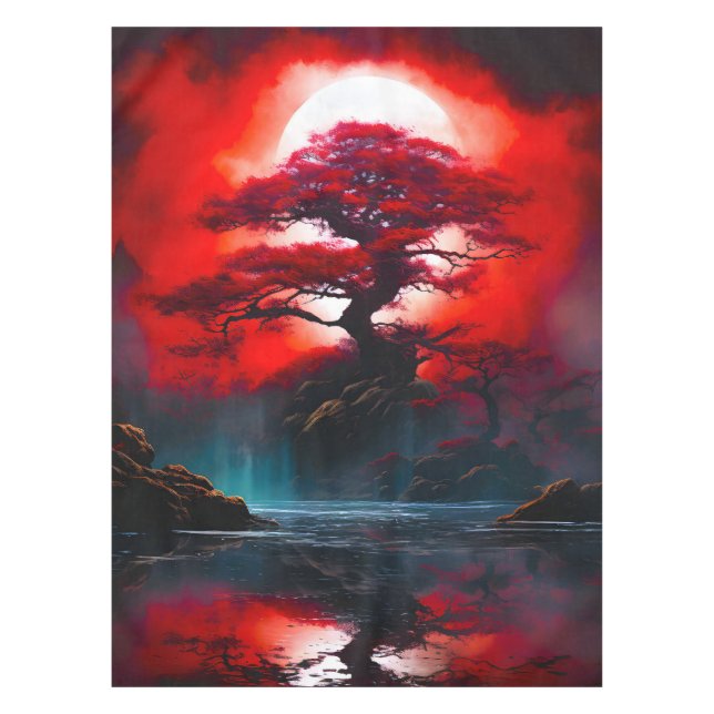 Mystical Red Tree Under Full Moon Tablecloth (Front)