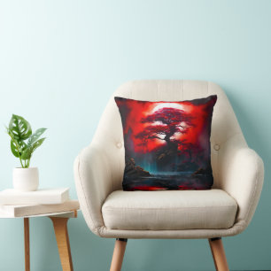 Mystical Red Tree Under Full Moon Throw Pillow