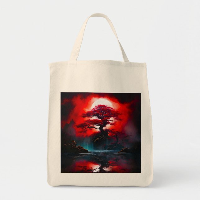 Mystical Red Tree Under Full Moon Tote Bag (Front)