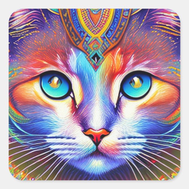Mystical Royal Colourful Cat Square Sticker (Front)