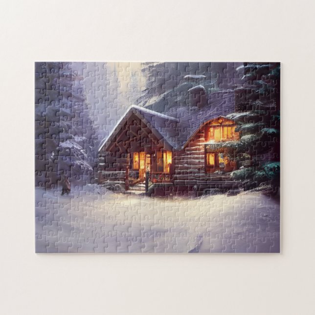 Mystical Rustic Log Cabin Amongst The Evergreens Jigsaw Puzzle (Horizontal)