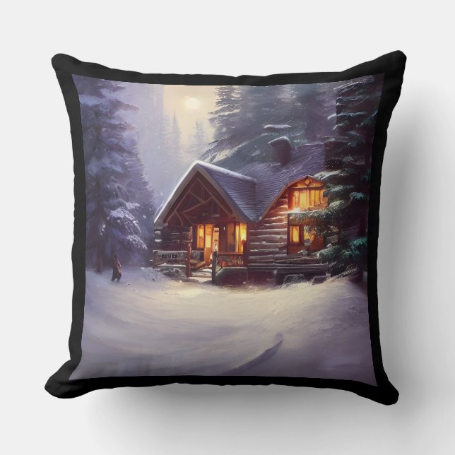 Mystical Rustic Log Cabin Amongst The Evergreens Throw Pillow (Front)