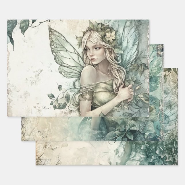 Mystical Sage Green Fairy Wrapping Paper Sheet (Set)