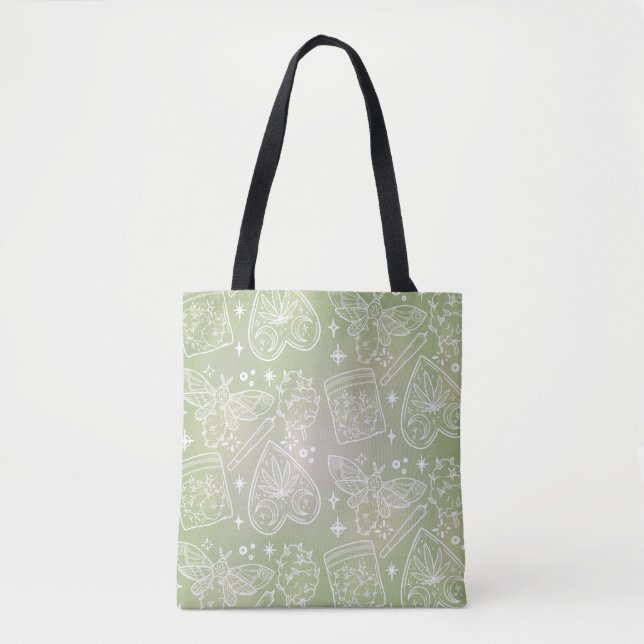Mystical Sage Green Tote Bag – Moth, Herbs & Magic (Front)