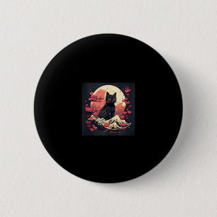 Mystical Sakura Night_ Black Cat with Full Moon 2 Inch Round Button
