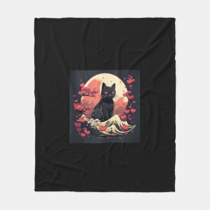 Mystical Sakura Night_ Black Cat with Full Moon  Fleece Blanket