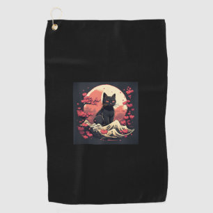 Mystical Sakura Night_ Black Cat with Full Moon Golf Towel