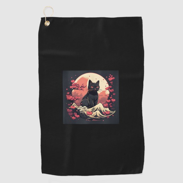 Mystical Sakura Night_ Black Cat with Full Moon  Golf Towel (Front)