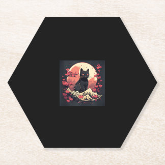 Mystical Sakura Night_ Black Cat with Full Moon  Paper Coaster