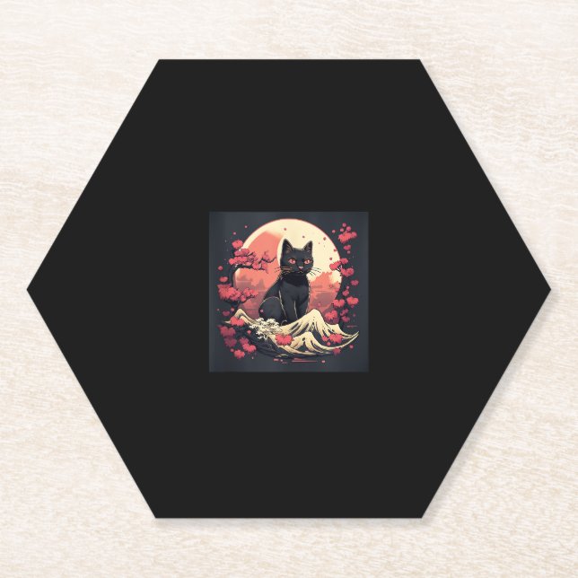 Mystical Sakura Night_ Black Cat with Full Moon  Paper Coaster (Front)