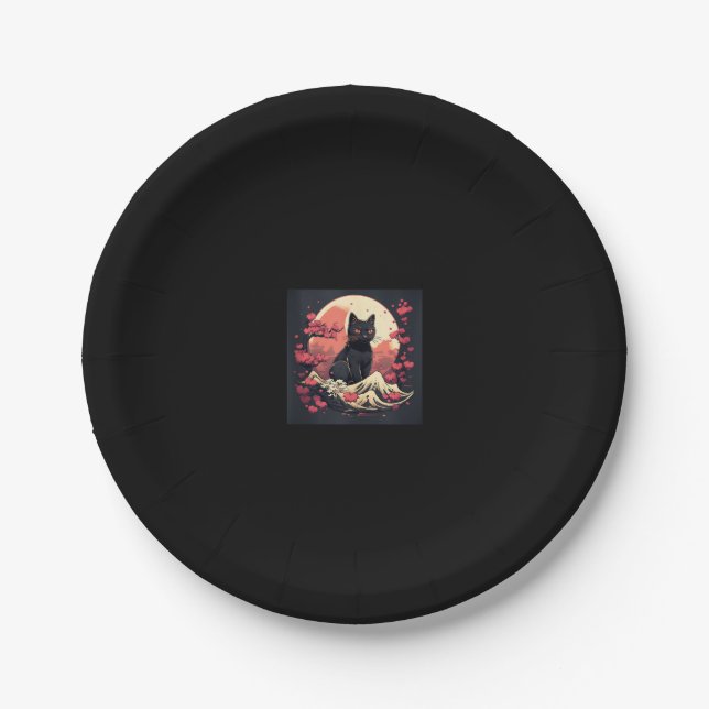 Mystical Sakura Night_ Black Cat with Full Moon  Paper Plate (Front)