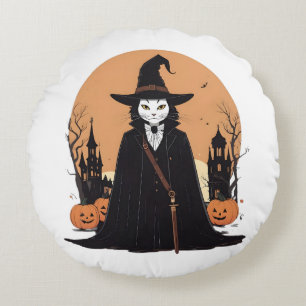  Mystical Salem Black Cat with Pumpkins Round Pillow