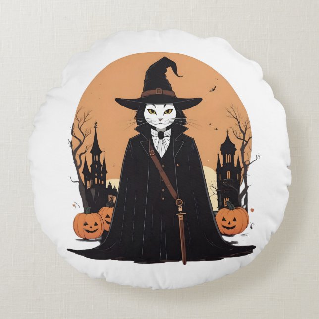  Mystical Salem Black Cat with Pumpkins Round Pillow (Front)