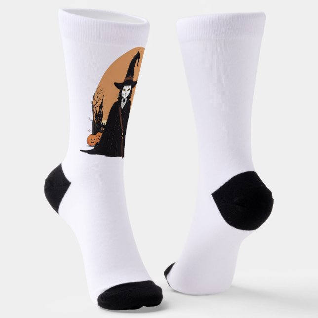 Mystical Salem Black Cat with Pumpkins Socks (Angled)