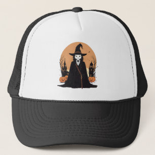 Mystical Salem Black Cat with Pumpkins Trucker Hat