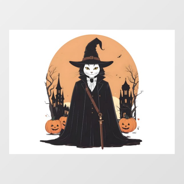 Mystical Salem Black Cat with Pumpkins Window Cling (Sheet)
