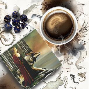Mystical Sorceress Wolf Guardian Stone Portal Glass Coaster
