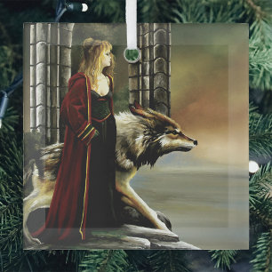 Mystical Sorceress Wolf Guardian Stone Portal Glass Ornament