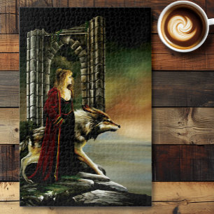 Mystical Sorceress Wolf Guardian Stone Portal Jigsaw Puzzle