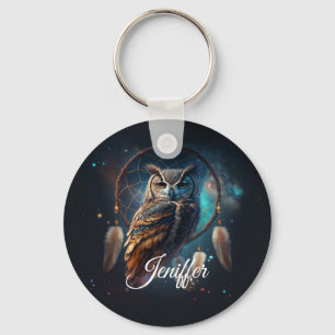 Mystical Space Owl with Dreamcatcher Art Keychain