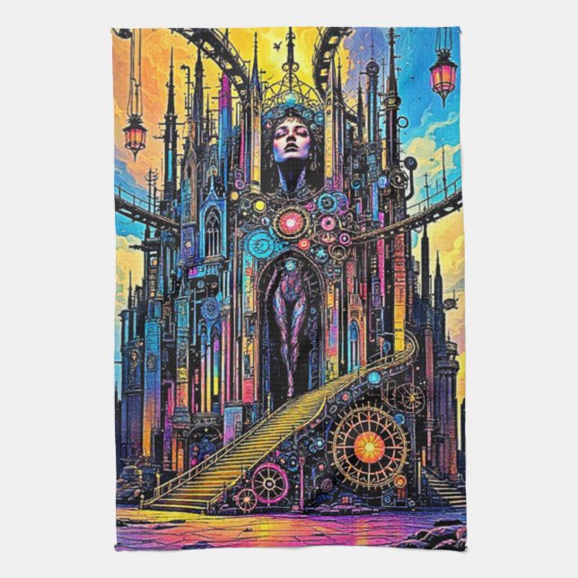 Mystical Steampunk Cathedral Kitchen Towel (Vertical)