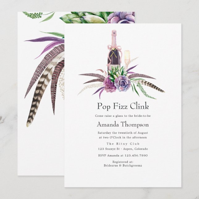 Mystical Succulent Pop Fizz Clink Bridal Shower Invitation (Front/Back)