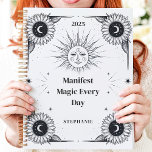 Mystical Sun and Moon Custom Name Manifestation  Planner<br><div class="desc">This magical design features intricate celestial elements, including the sun, moon, and stars, paired with detailed sunflower illustrations in a classic black-and-white palette. The empowering phrase "Manifest Magic Every Day" adds inspiration and intention to your daily organization. Personalized with a custom name and year, this design is perfect for astrology...</div>