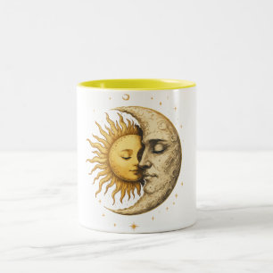 Mystical Sun and Moon Face  Yin Yang Bohemian Gift Two-Tone Coffee Mug