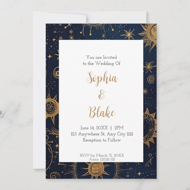 Mystical Sun and Stars Celestial Wedding Invitation (Front)