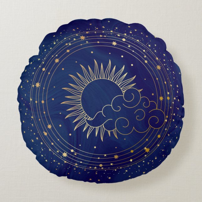 Mystical Sun, Moon and Clouds Meditation Round Pillow (Front)