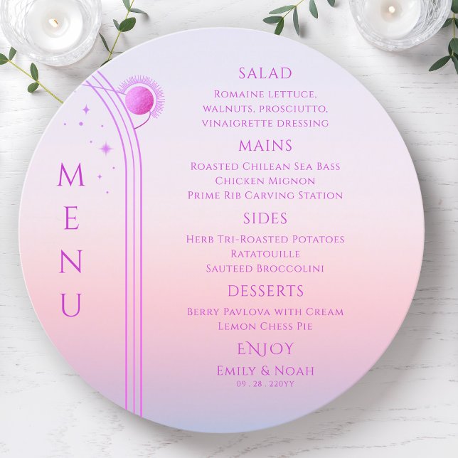 Mystical Sunset Pink Sun Moon Stars Space Wedding Menu (Creator Uploaded)