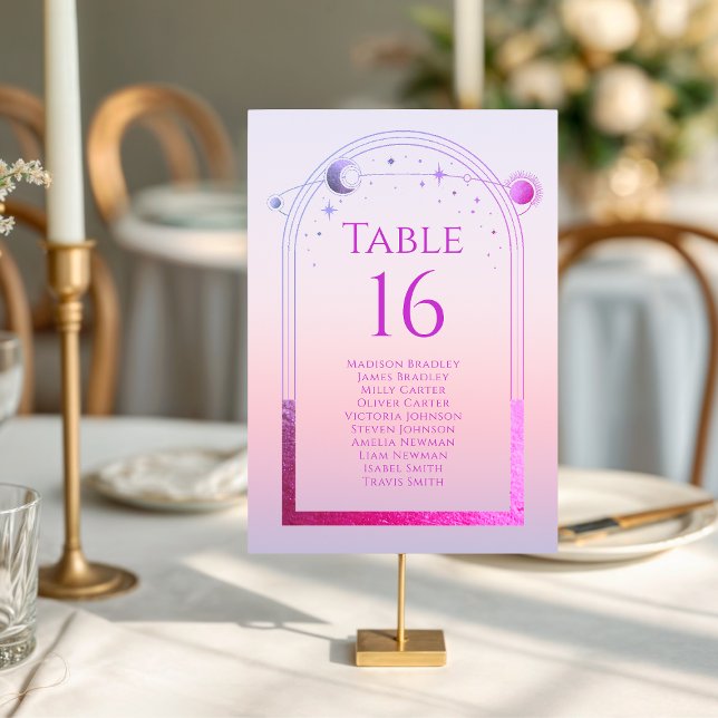 Mystical Sunset Pink Sun Moon Stars Wedding Table Number (Creator Uploaded)