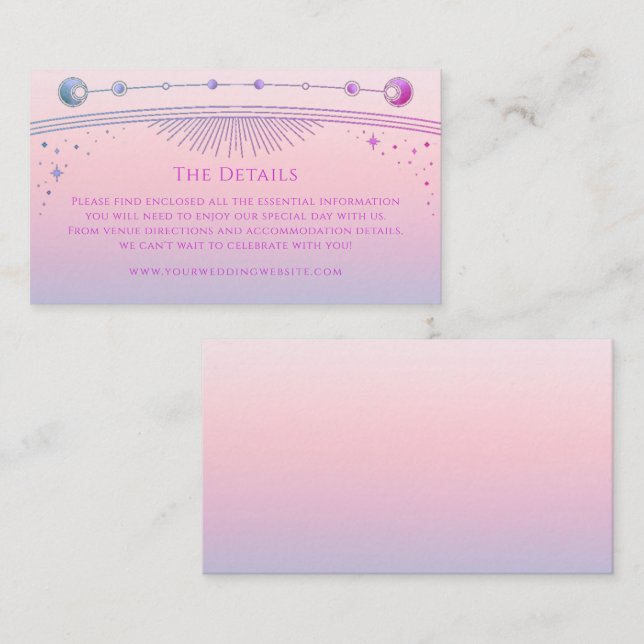 Mystical Sunset Pink Wedding Details Sun Moon Star Enclosure Card (Front/Back)
