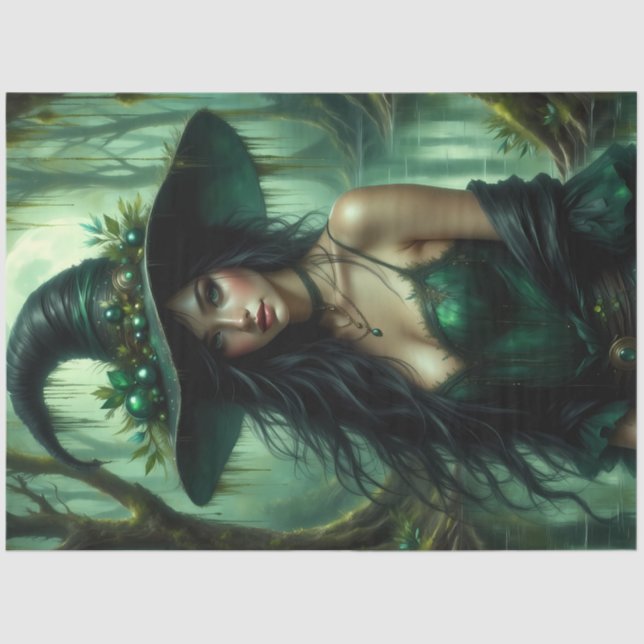 Mystical Swamp Witch in Emerald Green Enchanted Tissue Paper (Front)