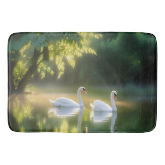 Mystical Swans Gracefully Gliding On Summer Pond Bath Mat