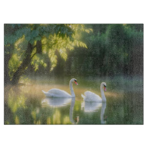 Mystical Swans Gracefully Gliding On Summer Pond Cutting Board