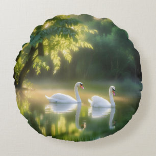 Mystical Swans Gracefully Gliding On Summer Pond" Round Pillow