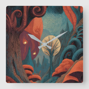 Mystical Swirl Forest Art Wall  Square Wall Clock