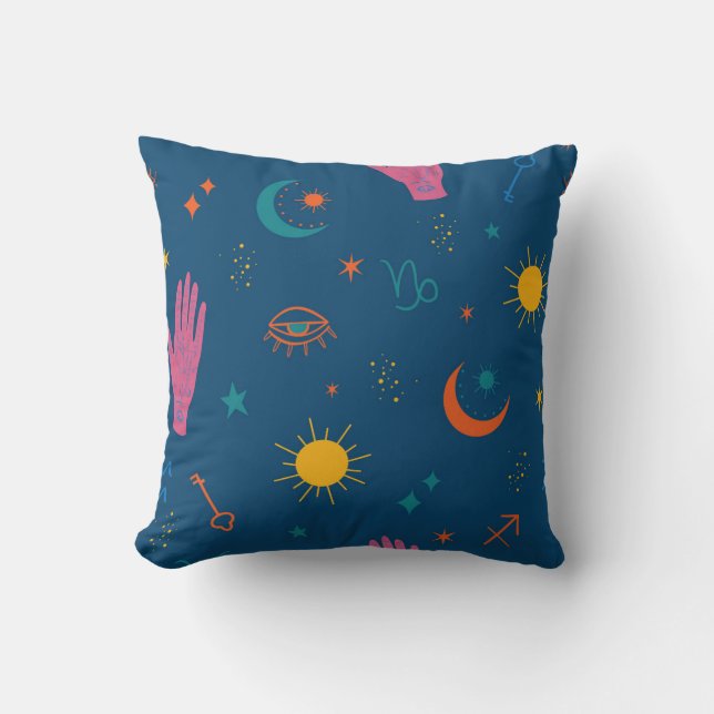 Mystical Symbols and Celestial Pattern Throw Pillow (Front)
