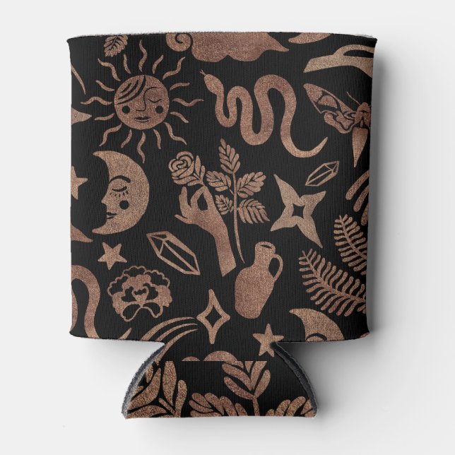 Mystical symbols: snake, sun, moon. can cooler (Front)