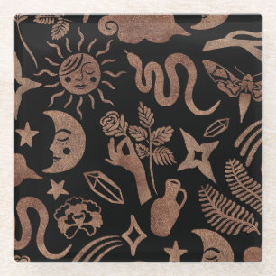 Mystical symbols: snake, sun, moon. glass coaster
