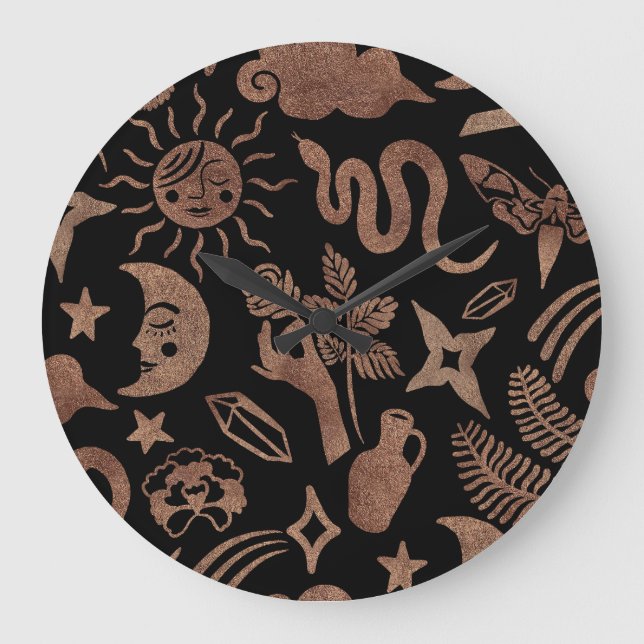 Mystical symbols: snake, sun, moon. large clock (Front)